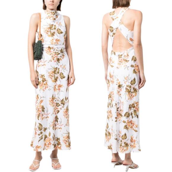 NWT Reformation Maxi Dress White Yellow Floral Strappy Cross Back Mock Neck Sz10 - Picture 2 of 10